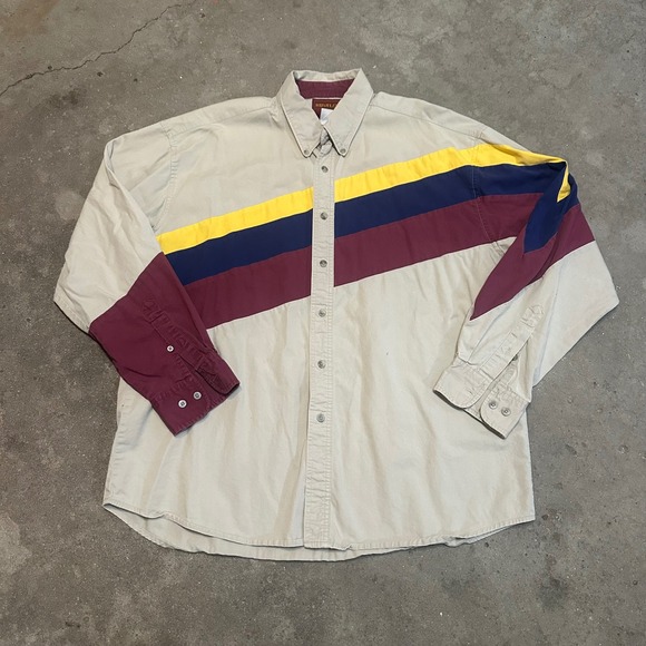 Rustler by Wrangler Other - Vintage‎ 90s Rustler Button Down Shirt Mens XL Tan Yellow Navy Burgundy Stripe